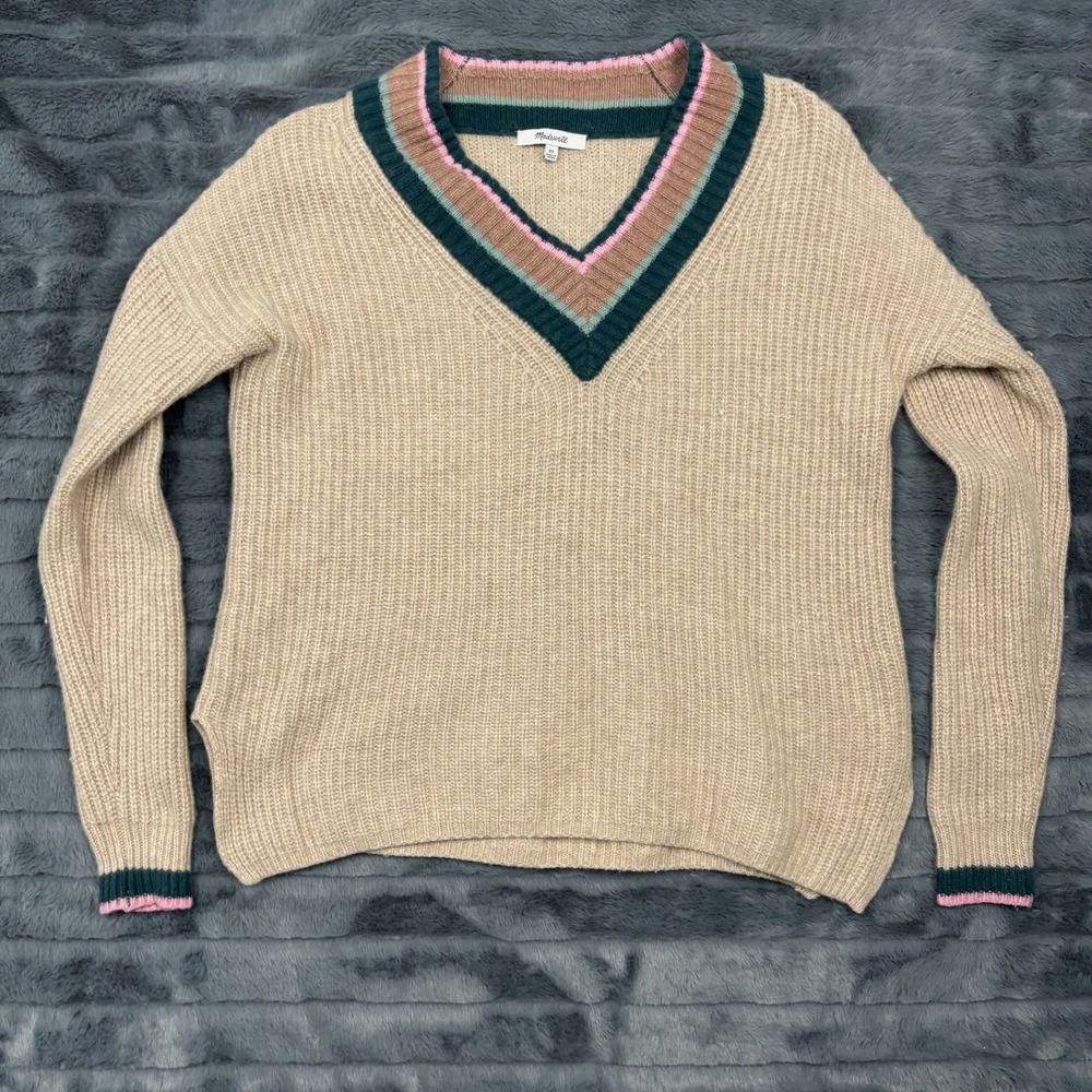 Madewell Womens XS Wool Blend Ribbed V-Neck Striped Trim Sweater Beige